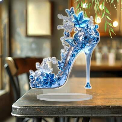 Sapatos de salto alto de cristal 2D com 0,3 cm de espessura, estilo onírico, para decoração de centro de mesa de casamento, com estampa floral azul, 15,8 x 19,99 cm, adequados para janelas, quartos, salas de estar, escritórios e decoração de festas, decoração de mesa | Sapatos de salto alto decorativos | Borboleta detalhada, decoração de casa em estilo boêmio