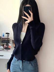 CMC Casual Solid Color Polyester Ribbed Zip-Up Cardigan, Suitable For Vacation, Office, Home, Travel, Spring/Autumn/Winter