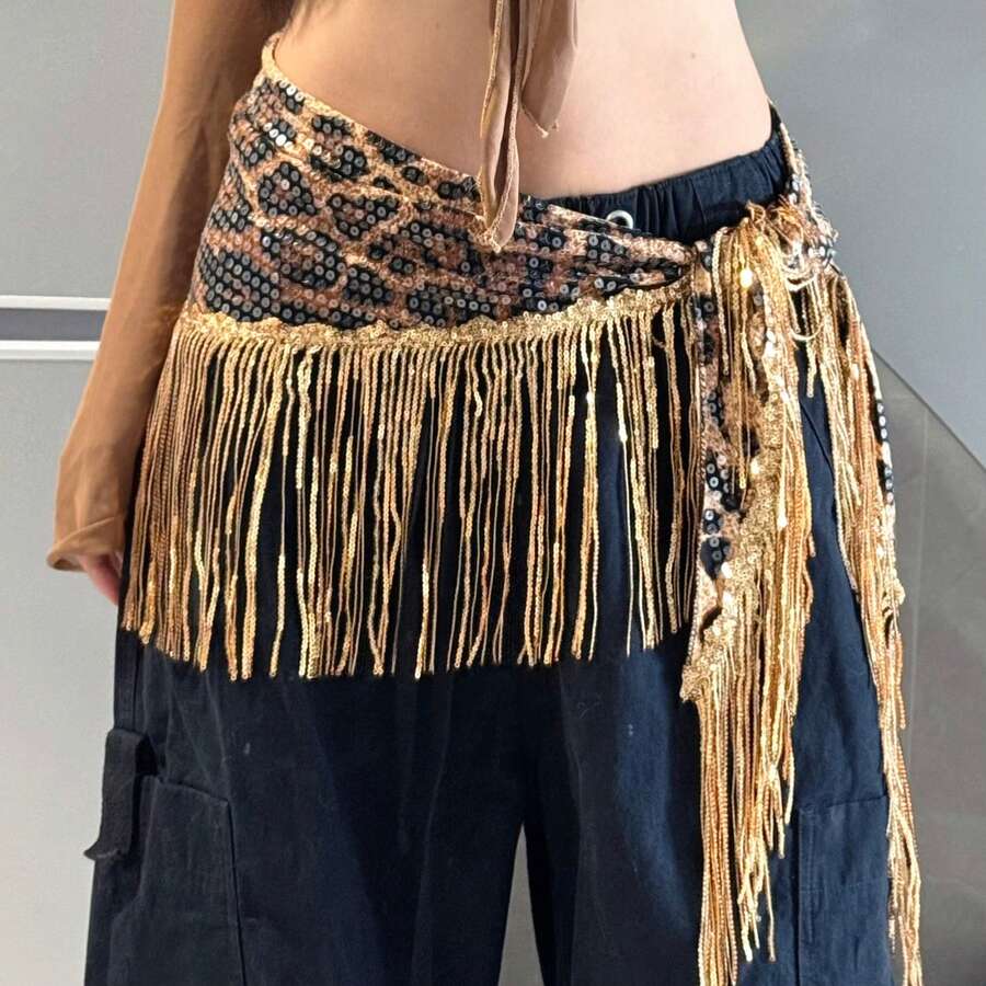 1pc Sequin Tassel Belly Dance Waist Chain, New Sexy Leopard Print Waist Accessory, Shiny Tassel Waist Chain, Bohemian Hip Scarf, Street Dance, Jazz Dance, Intimate Waist Wrap, Sexy Mini Skirt, Stage Performance Outfit, Nightclub, Disco, Festival, Party, Evening Dress Accessory - Multicolor - View 1