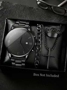 4 件套黑色十字链手链戒指男士商务正装珠宝套装，石英表 + 手链 + 项链 + 手表 4 件套礼品套装