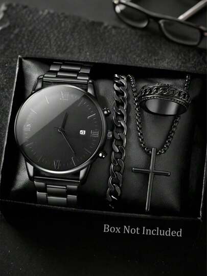 4 件套黑色十字链手链戒指男士商务正装珠宝套装，石英表 + 手链 + 项链 + 手表 4 件套礼品套装
