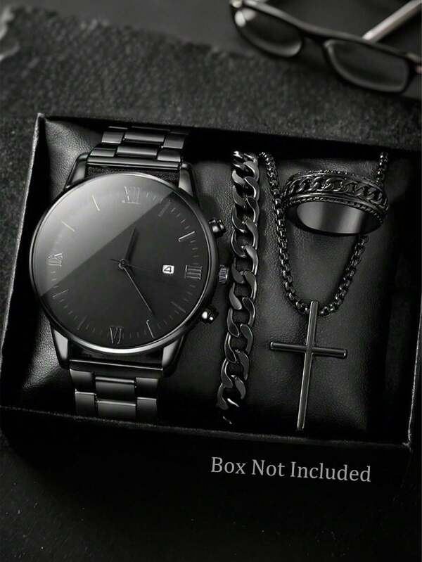 4pcs/Set Black Cross Chain Bracelet Ring Men's Business Formal Jewelry Set, Quartz Watch + Bracelet + Necklace + Watch 4-Piece Gift Set