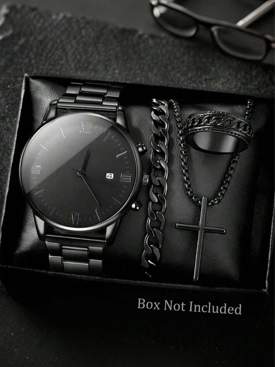 4 件套黑色十字链手链戒指男士商务正装珠宝套装，石英表 + 手链 + 项链 + 手表 4 件套礼品套装