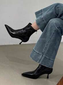 SHEIN BAE 2025 Autumn/Winter New European & American Pointed Toe High Heel Short Boots, Slim Fit Patchwork Ankle Boots, Retro Brown Short Boots