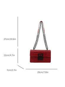 迷你时尚女士复古单肩包金属链条轻便斜挎包PU休闲锁扣方形包鳄鱼纹包年轻女孩购物袋适合女性日常通勤 - 紅色 - 查看 7