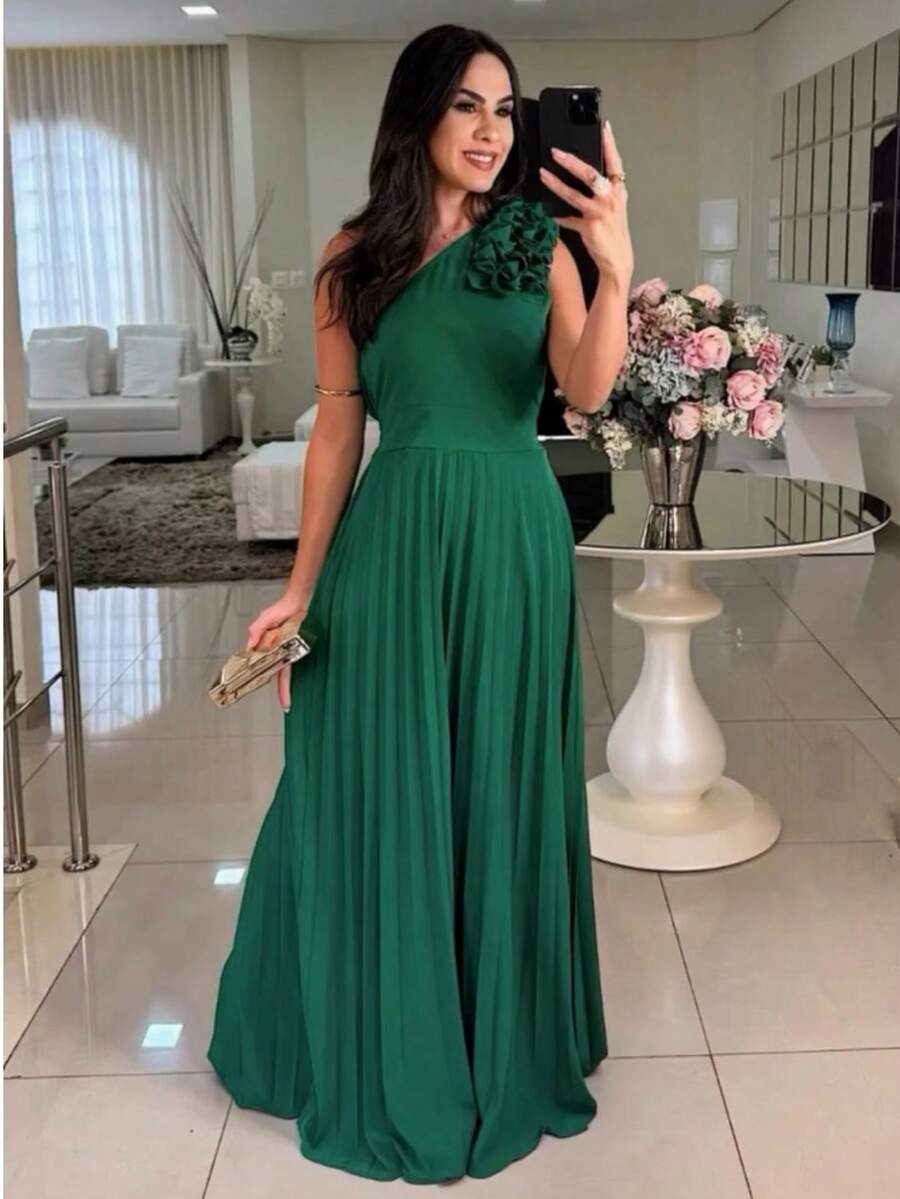 One-Shoulder Long Dress With 3D Flower – Elegance And Sophistication - Rosa Oxidada - Ver 1