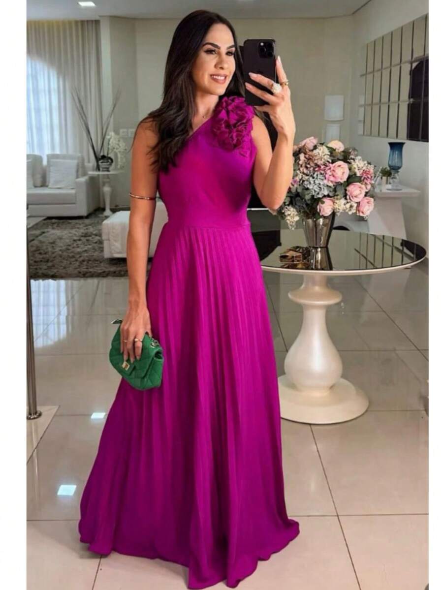 One-Shoulder Long Dress With 3D Flower – Elegance And Sophistication - 綠色 - 查看 1