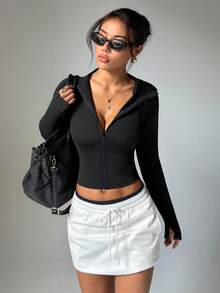 女式黑色纹理面料拉链长袖简约时尚拇指孔连帽针织运动夹克 - 黑色 - 查看 5