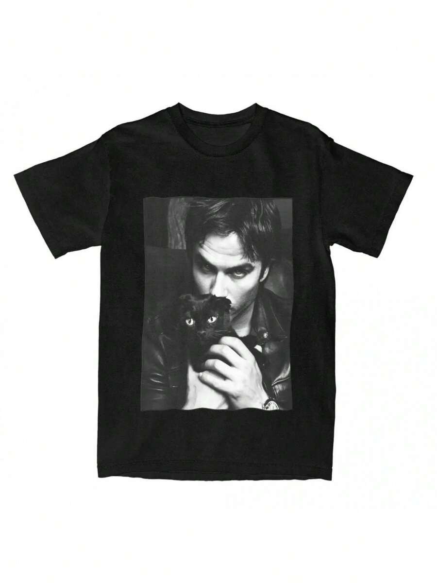 Men-Shirt Ian Somerhalder Vintage Tee Shirt Short Sleeve Damon Salvatore Shirt O Neck Tops Summer Men Size S-3XL - 黑色 - 查看 1