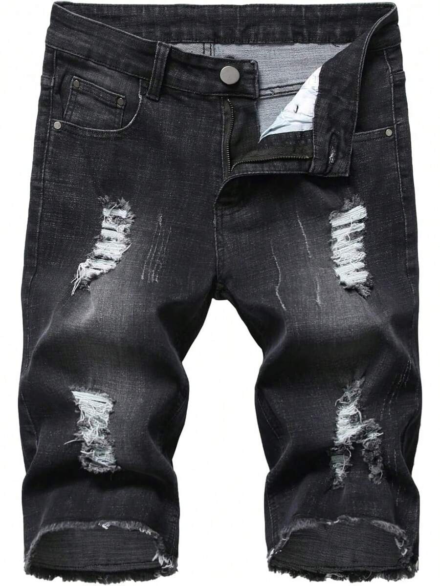 Men's Ripped Shorts & Jeans Summer Casual Classic Straight Distressed Ripped Short JeansA Valentine's Day XJS7 - K1208 黑色 - 查看 1