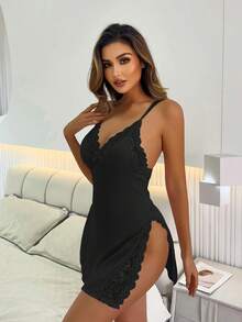 1pc Women's Sexy Lace Patchwork V-Neck Satin Black Dress, Bow Decor, Romantic Side Slit Backless Spaghetti Strap Nightgown And Sleepwear, Women's Summer Vacation Outfit, Women's Sexy Lingerie, Rave - Black - View 5