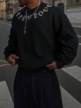 Gothic Style Letter & Graphic Print Loose Fit Crew Neck Oversized Long Sleeve Sweater For Men, Fashionable Streetwear, Suitable For Spring, Autumn, Winter