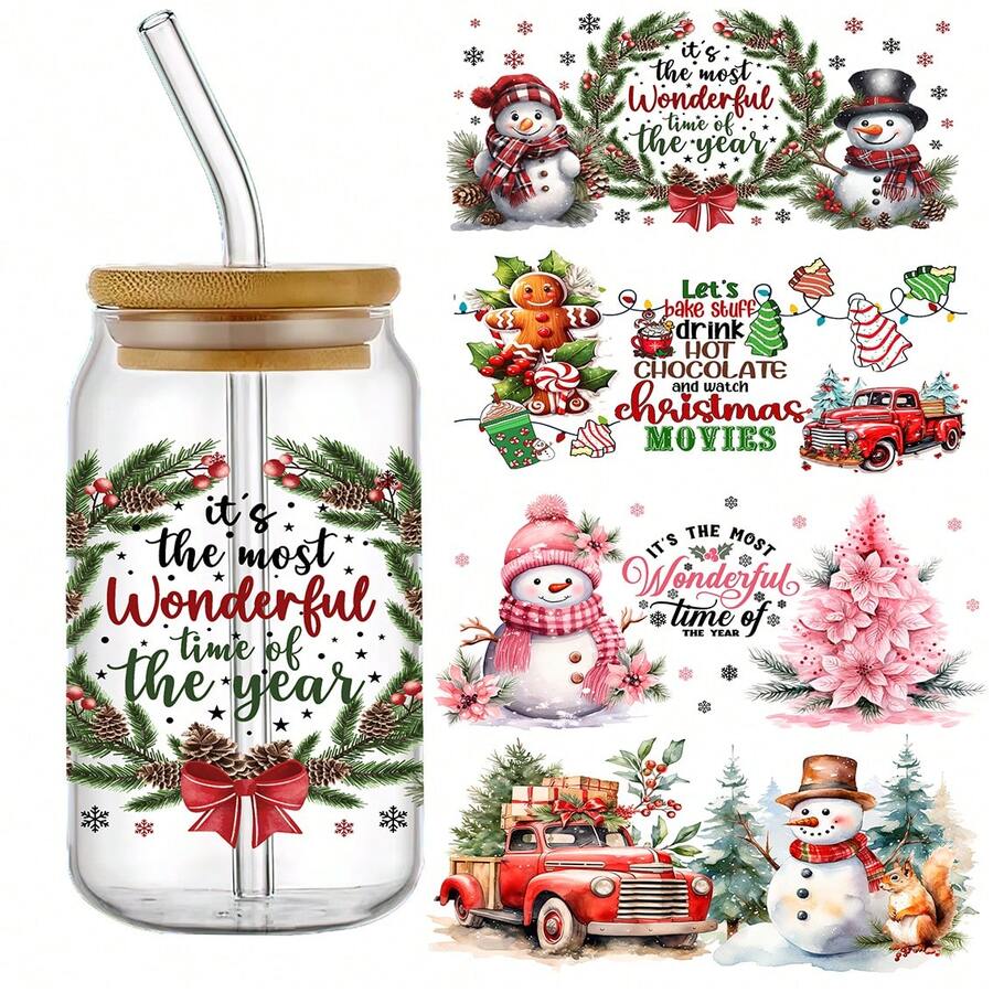 4-Piece Set Christmas Self-Adhesive 3D Crystal Decal Stickers For Glass Cups And Bottles, Plastic Waterproof Scratch-Resistant Holiday Drinkware Decor With Festive Designs - Multicolor - View 1