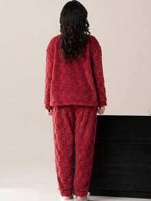 Cute Striped Fluffy Pajama Set, Bear Pattern Comfortable Wool Flannel Fleece Thick Warm Fluffy Pajama Set , Women's Polyester Sleepwear Top And Pants, Suitable For New Year , Long Sleeve Round Neck Top & Pants Homewear 2-Pieces Set, Fall Winter Clothes, Christmas, Cozy - Đỏ - Xem 2