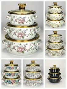 3pcs Enamel Coated Cookware Set: Milk Pot With Handles, Enamel Bowl, Mini Pot, Soup Pot, Ramen Bowl, Small Hot Pot, Thick Enamel Pot With Handles, Suitable For Induction Cooktop, Gas Stove, Cooking Small Portions Or Food Storage, Family Dinner Supplies, Christmas Party Supplies