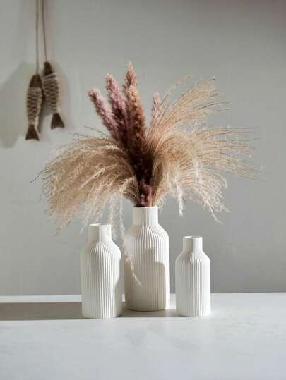 1pc Unique Fluffy Pampas Grass Gestreepte Ceramic Look Plastic Vase Moderne Minimalist Beige Tall Cylinder Tafel Centerpiece Room ation ative Living Wedding Home Flower Glass view 6