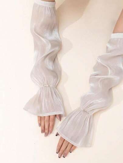 1 Pair Solid Color Chiffon Pearl Decor Sunscreen Cooling Arm Sleeves, Breathable, UV Protection, Loose Fit For Women, Suitable For Summer Outdoor, Cycling, Driving, Wedding Bride, Long Sleeve Fall Arm Warmers