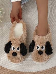 Pantufas femininas de sola grossa com estampa de cachorrinho de desenho animado, pantufas fofas de casal, quentes e antiderrapantes, para uso interno/externo, outono/inverno