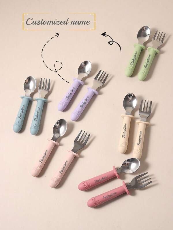 Set de cuillère et fourchette en silicone à long manche, tête en acier inoxydable 316, ustensiles de sevrage pour bébé, set de cuillère et fourchette pour l'alimentation autonome