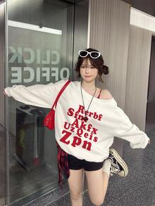 女士红色字母印花露肩长袖卫衣，复古美式风格独特百搭套头衫，秋冬新品 - 白色 - 查看 2