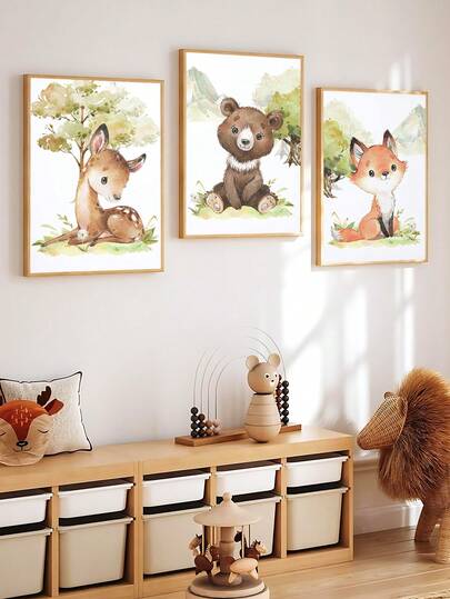 3pcs Forest Animal Adventure Bear Fox Deer Wall Art Paintings, Plant Themed Wall Decor, Suitable For Bedroom, Living Room, Office, Dining Room, Kitchen, Study, Corridor, Dorm, Bathroom, Ideal Gift For Friends, Wall Art, Wall Decor, Home Decor, Room Decor, Canvas Wall Art, Posters, Framed Wall Art, Frame Options Available