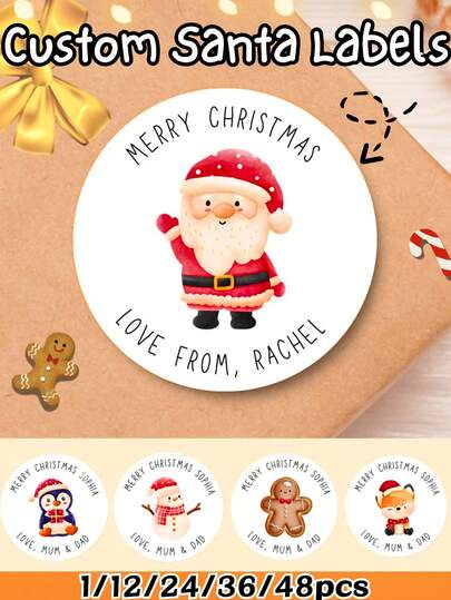 ملصقات دائرية مخصصة لعيد الميلاد، 1/12/24/36/48/96 قطعة ملصقات بطبعة قبعة سانتا والحروف الذهبية، ملصقات ديكور عيد الميلاد المخصصة باسم العميل للهدايا والمظاربف ولوازم الحفلات، علامات هدايا عيد الميلاد للأكياس والصناديق والتغليف، مثالية لديكورات حفلات عيد الميلاد