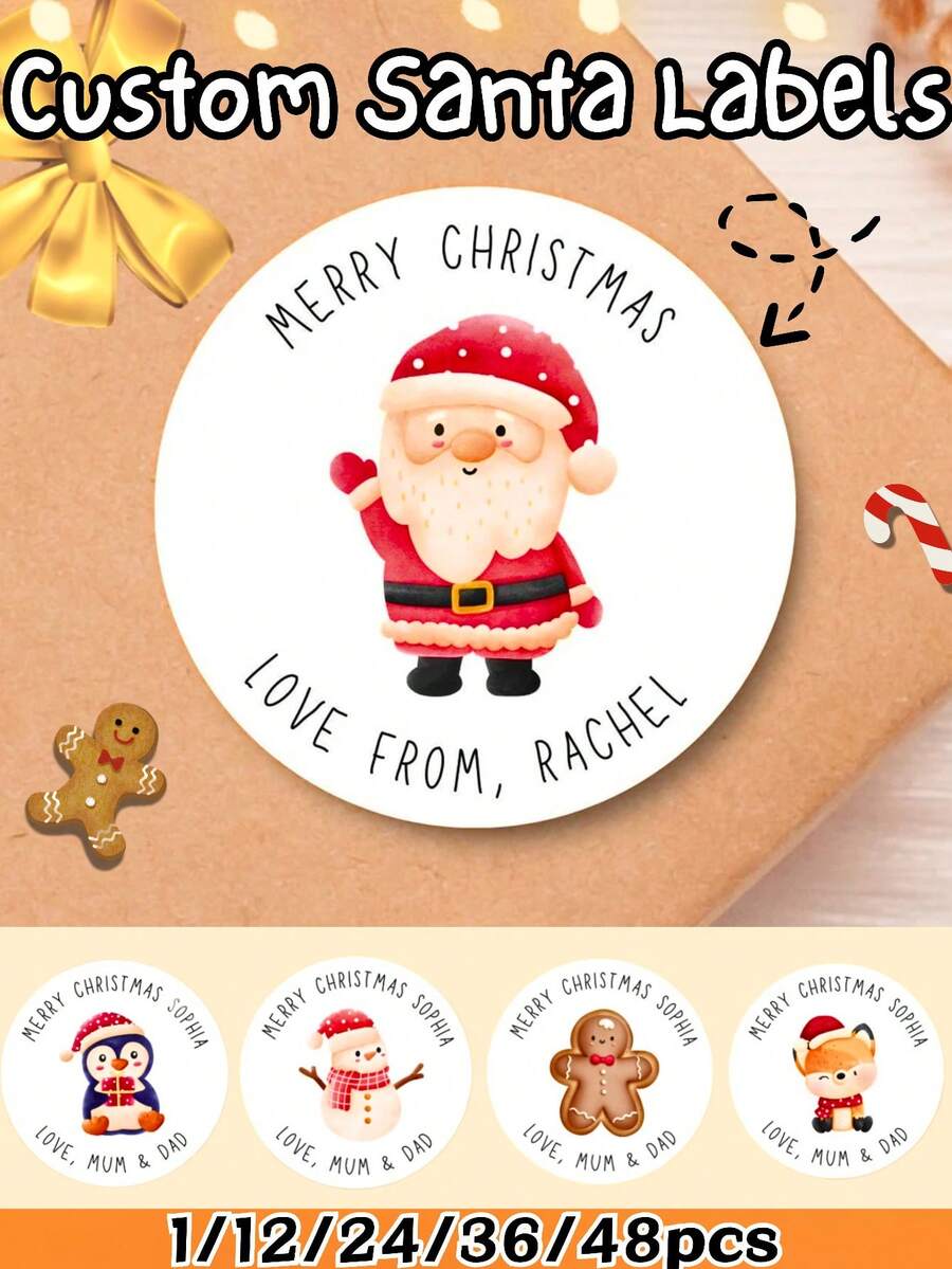 12 قطعة / 24 قطعة / 36 قطعة / 48 قطعة ملصقات دائرية مخصصة لعيد الميلاد، 1/12/24/36/48/96 قطعة ملصقات بشعار قبعة سانتا وحروف ذهبية، ملصقات ديكور عيد الميلاد المخصصة للهدايا والمظاريف ولوازم الحفلات، علامات هدايا عيد الميلاد للأكياس والصناديق والتغليف، مثالية لديكورات حفلات عيد الميلاد والهدايا والديكور المنزلي وهدايا والعام الجديد
