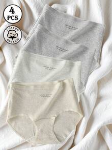 4 Peças de Calcinhas de Algodão Macias e Confortáveis para Mulheres, Cor Sólida com Elástico na Perna, Design com Estampa de Letras