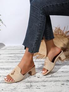 5cm Chunky Heel Summer New Buckle Strap Open Toe Slide Sandals, Fashion Square Toe Slip-On, Versatile & Elegant