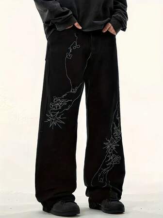 青少年男童春秋新款刺绣水洗黑色休闲牛仔裤，宽松直筒裤，适合中大童