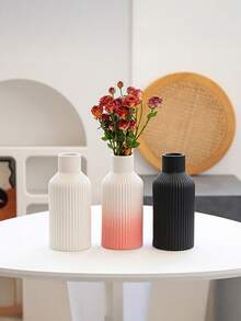 1pc Unique Fluffy Pampas Grass Striped Ceramic Look Plastic Vase Modern Minimalist Beige Tall Cylinder Table Centerpiece Room Decoration Decorative Vase For Living Room Wedding Party Home Decor Flower Vase Glass Vase - Multicolor - View 7