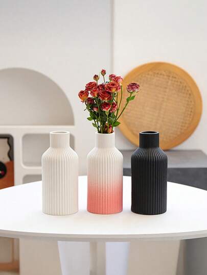 1pc Unique Fluffy Pampas Grass Gestreepte Ceramic Look Plastic Vase Moderne Minimalist Beige Tall Cylinder Tafel Centerpiece Room ation ative Living Wedding Home Flower Glass view 7