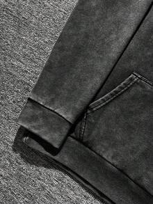 Hemo 复古街头印花抽绳连帽衫，常规版型休闲舒适袋鼠口袋套头连帽衫，适合日常穿着，秋冬男装 - 黑色 - 查看 5