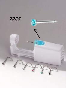 7pcs/Set Disposable Sterile Low-Pain Nose Piercing Gun, Includes Zirconia Nose Studs & 6 Different Style Nose Rings, With Video Tutorial, Suitable For Beauty Self-Use Piercing Tool & Accessories - Multicolor - View 4