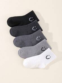 5 Pairs Kids Black & White Smiling Face Socks, All-Match Versatile Mid-Calf Socks, Casual Short Socks For All Seasons - Black and White - View 2