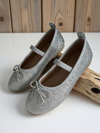 Girls' Cute And Comfortable Ballet Flats, Shiny Sequin Fabric, Elastic Strap Closure, Solid Color, PU Material - Suitable For All Seasons