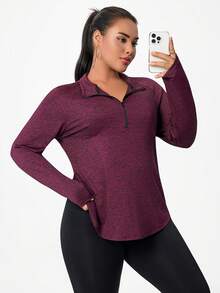 Blusa de manga larga con cremallera de cuarto para mujer de talla grande - Rojo - Ver 4