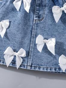 Vestido de peto de mezclilla lavada con lazo blanco 3D para niñas, con tirantes ajustables - Azul - Ver 10