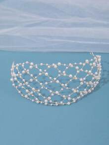 1pc Elegant Handmade Faux Pearl Woven Headband For Women, Bridal Wedding Bohemian Headpiece, Suitable For Party Accessories