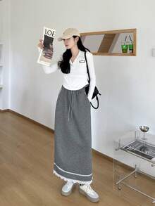 高腰抽绳蕾丝拼布开叉下摆半身裙，修身针织直筒裙，设计细节，秋季 - 深灰色 - 查看 2