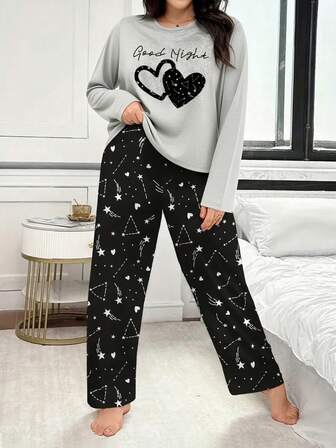 Plus Size Women Gray Long Sleeve Top & Pants Pajama Set With Heart Print, Winter Clothes