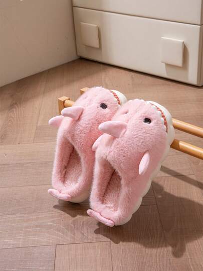 Herrtofflor med plyschfoder och tecknad hajdesign, varma, halkfria, lämpliga för par, inomhusbruk