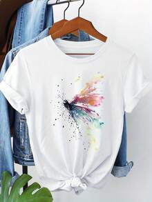 Short-Sleeved T-Shirt With Round Neck And Gradient Print - 黑色 - 查看 6