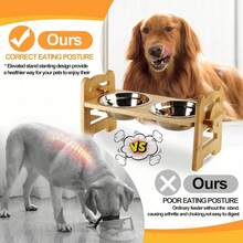 Adjustable Bamboo & Wood Pet Double Bowl Stand, Raised Feeder For Medium & Small Dogs And Cats
