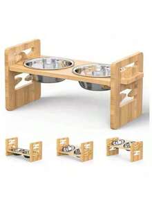 Adjustable Bamboo & Wood Pet Double Bowl Stand, Raised Feeder For Medium & Small Dogs And Cats