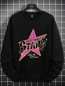 Plus Size Men's Letter Print Crew Neck Sweatshirt - Black - View 3
