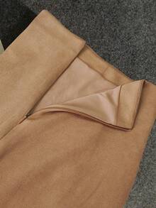 女士优雅通勤鹿绒拉链多功能A字半身裙，后开衩，无弹力，冬季款