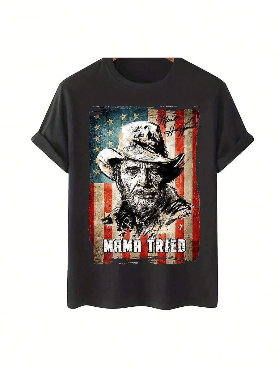 Vintage Merle Haggard Mama Tried Cotton Black Unisex Shirt For Men Women Cotton Crew Neck Short Sleeve T-Shirt Regular Fit Casual All-Season Wear Ideal For Valentine'S Day New Year's Father'S Day Christmas Vintage T Shirts Casual Wear Patriotic Design Comfortable Fit Men Size S-3XL - 黑色 - 查看 1