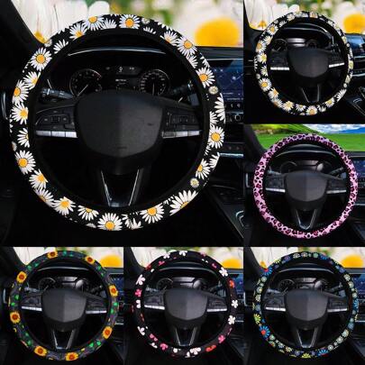 1pc Diving Material Waterproof Flower Leopard Print Footprint Cow Fabric Car No Inner Ring Steering Wheel Cover Suitable For 14.5-15 Inch Steering Wheel Cover General Motors Products