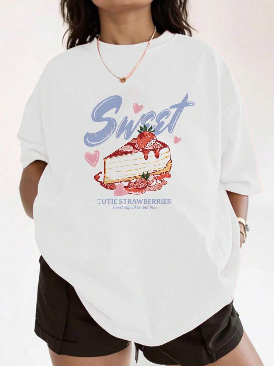 Camiseta de mujer con dulce tarta de fresa, camiseta casual con lindo gráfico de cupcake, top de manga corta con cuello redondo, ropa de verano de moda, tela suave y cómoda - Blanco - Ver 1